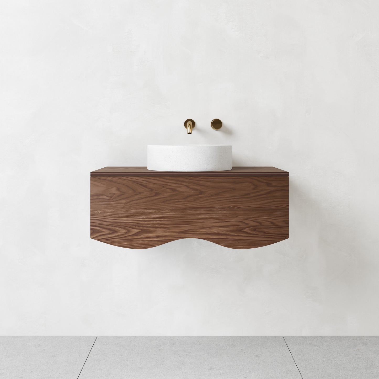 Melamine walnut curved bathroom 900 wide vanity