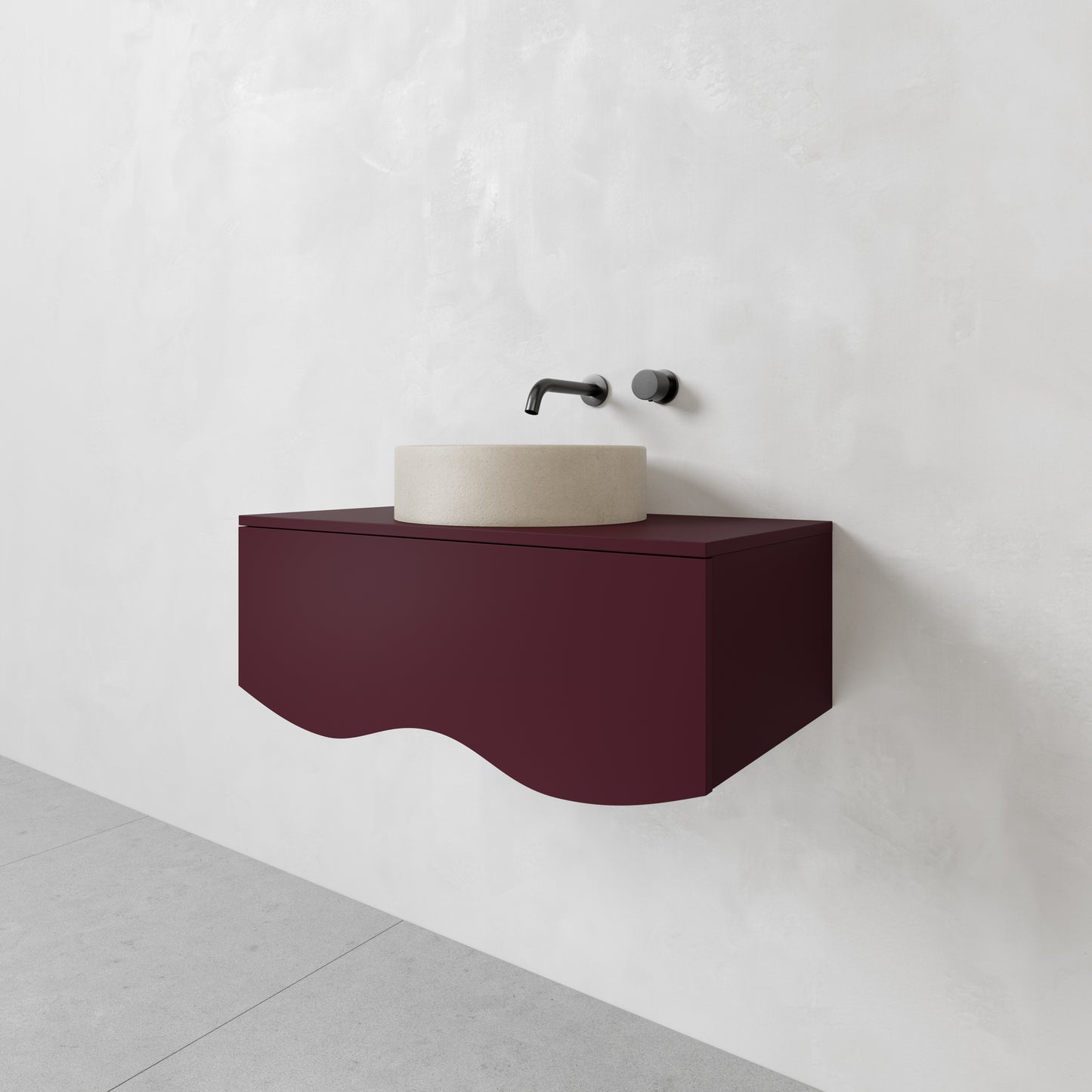 Plum coloured sprayed curved wall hung vanity, 900 wide