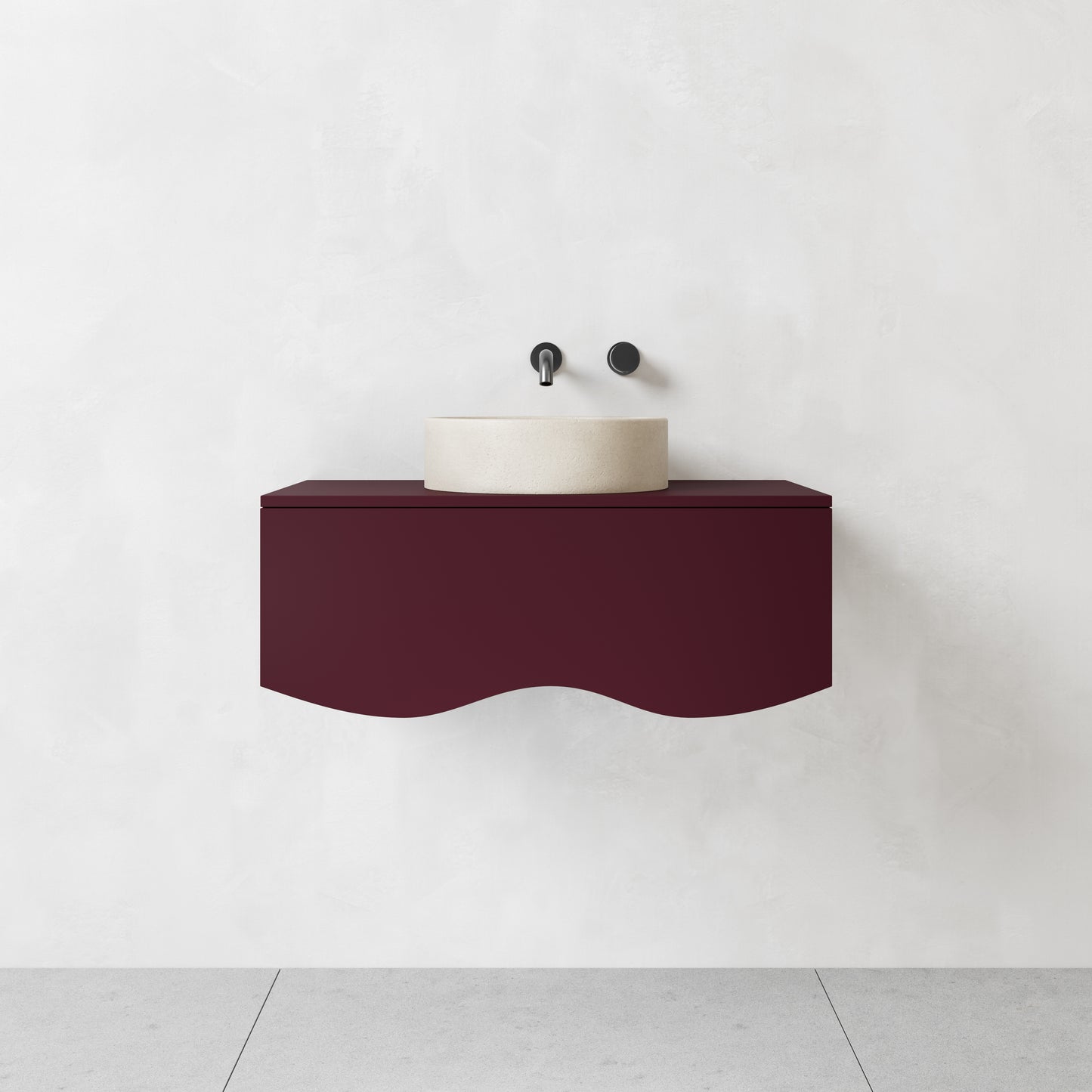 Plum coloured sprayed curved wall hung vanity, 900 wide