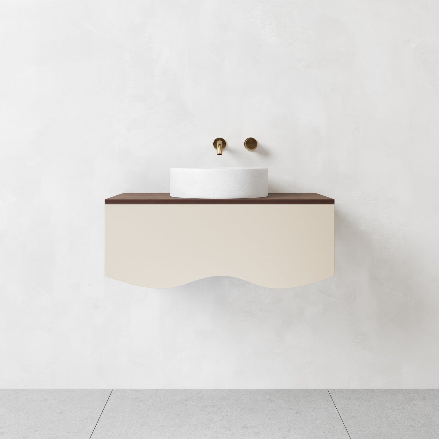 Curved floating wall hung vanity, sprayed paint finish on drawer front and walnut top and sides