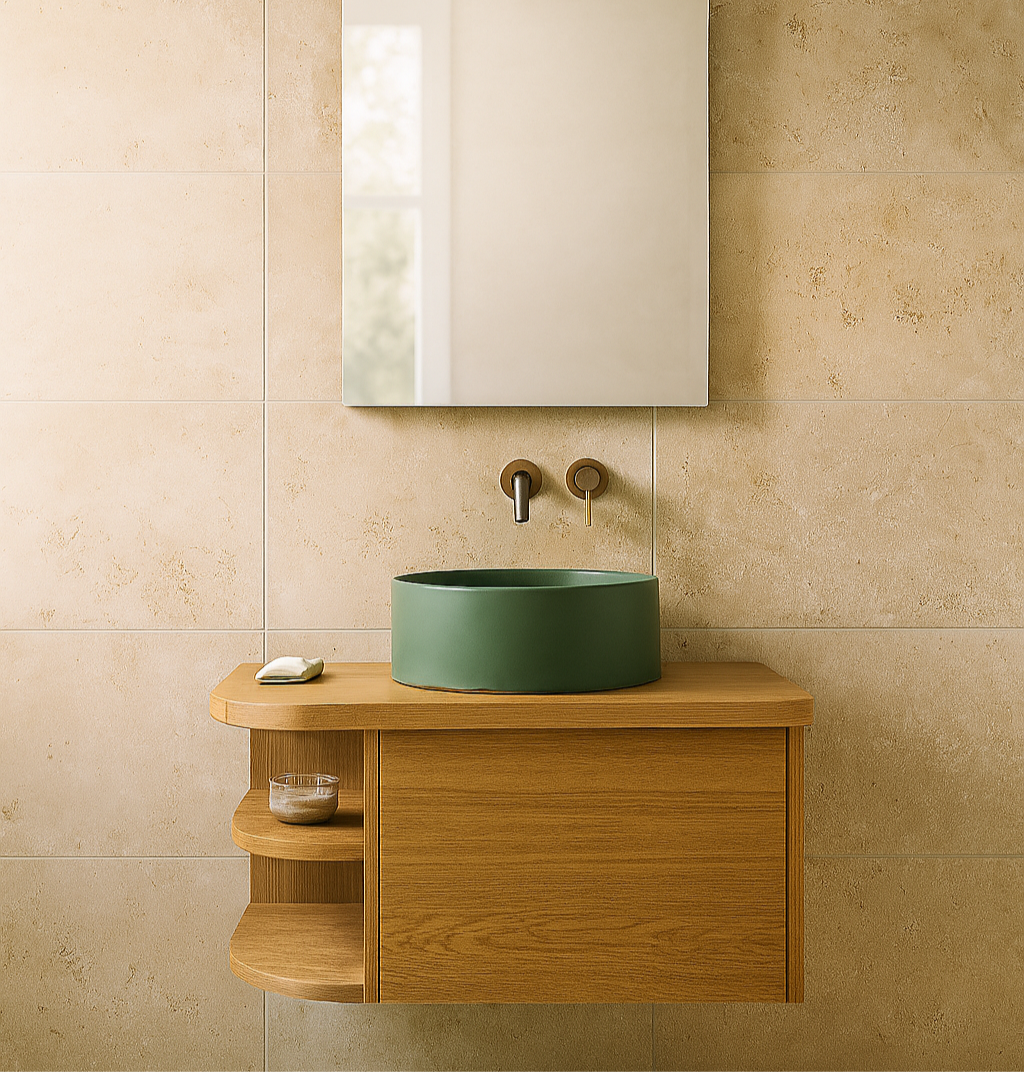 Bathroom vanity with green sink and wooden cabinet against a beige tiled wall.