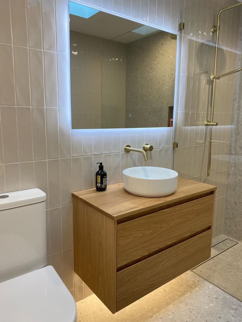 NZ made bathroom Oak timber and veneer 900 wide vanity, brushed brass tapware