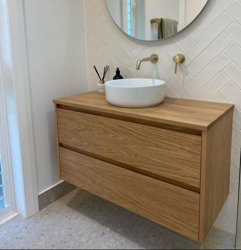 NZ made bathroom wall hung Oak timber and veneer 900 wide vanity