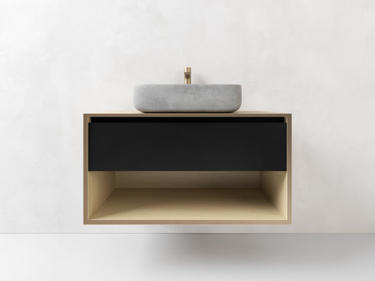 Wall hung vanity, made from Plywood, 1 drawer with an open shelf