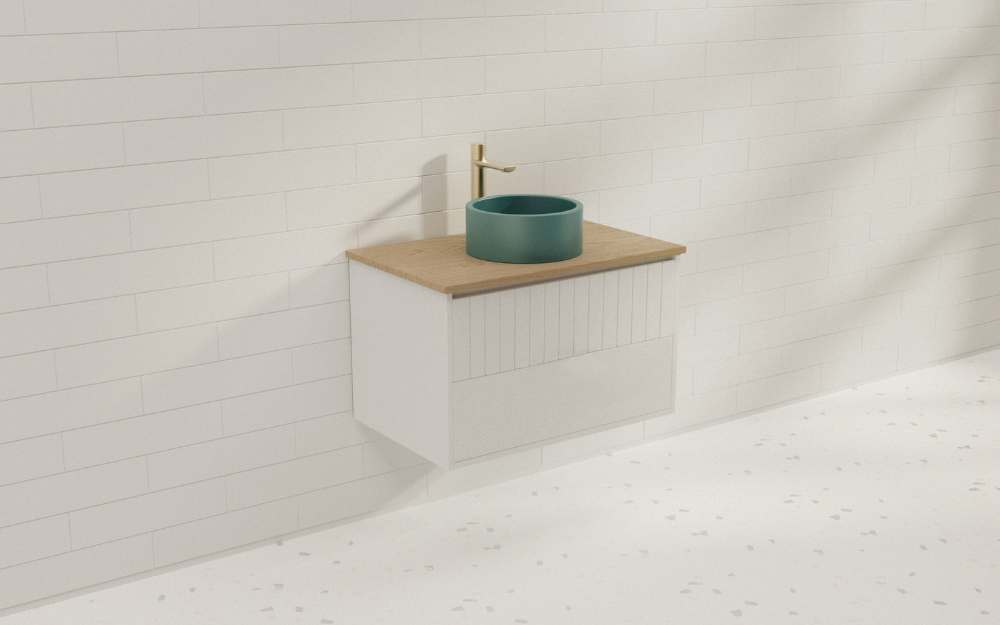 Wall hung floating bathroom vanity with solid timber top