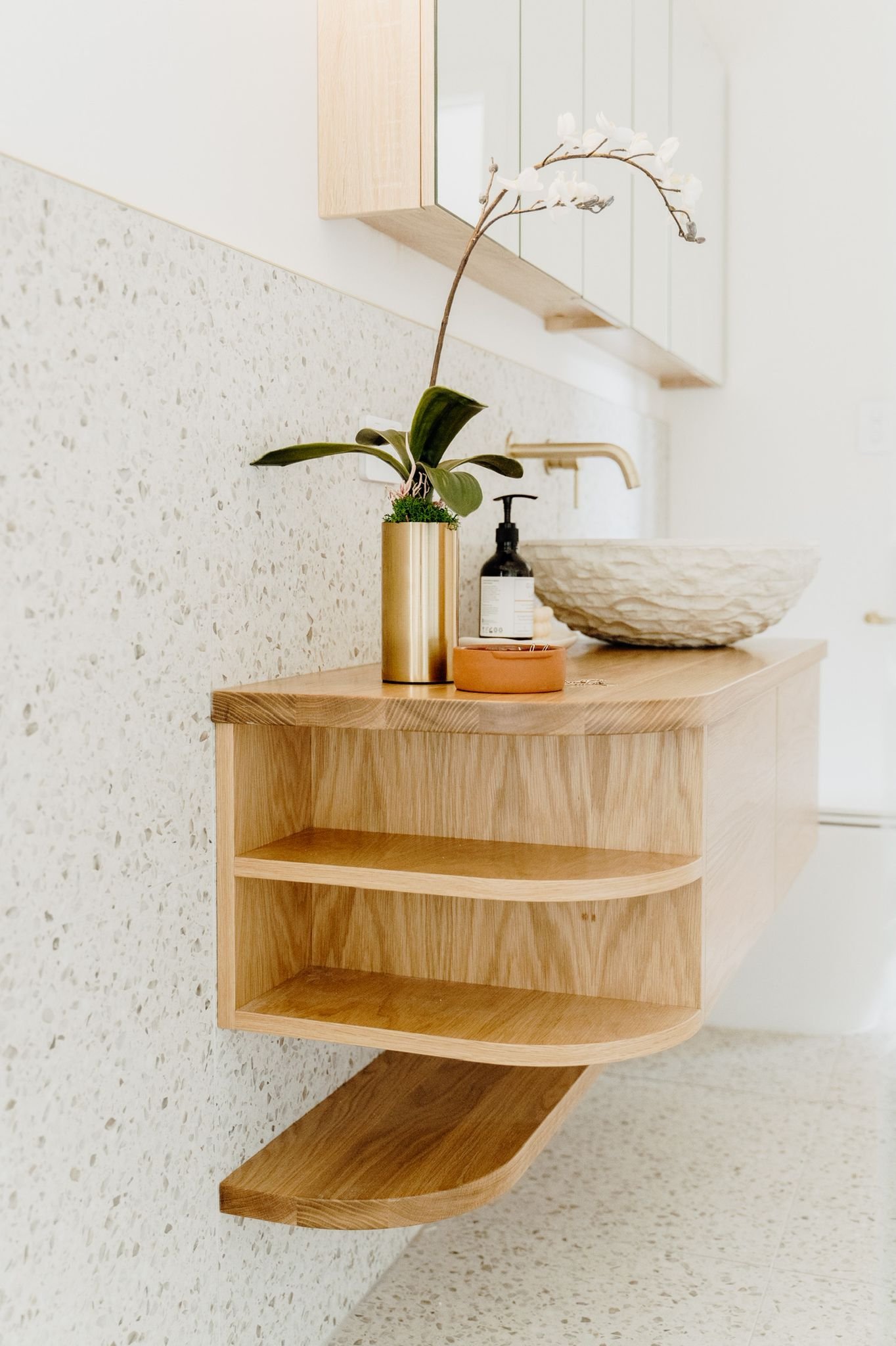 Curved 1200 wide american white oak solid timber bathroom vanity