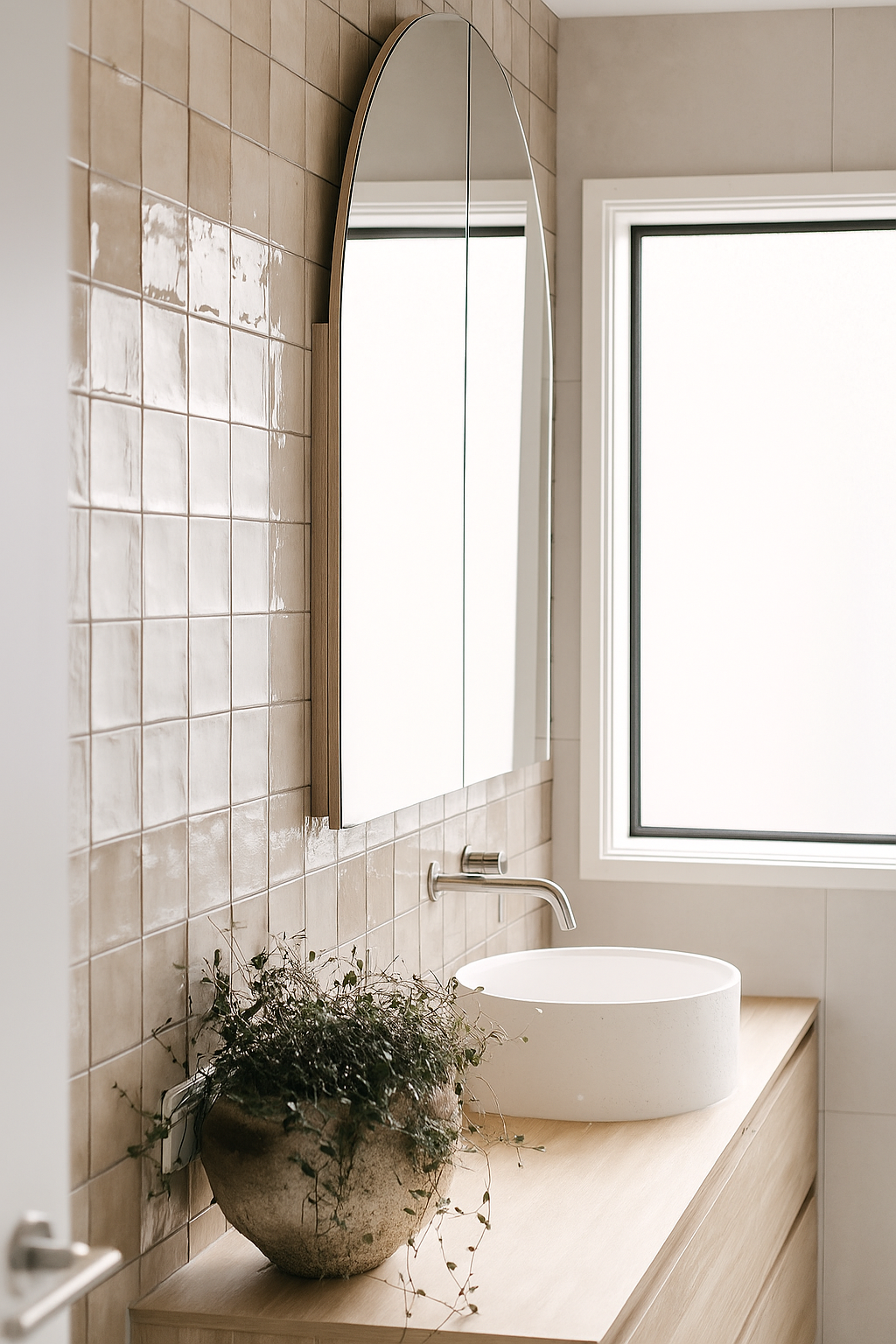 Bathroom medicine cabinet arched mirror and a melamine custom made floating vanity, with chrome tapware and white concrete basin 