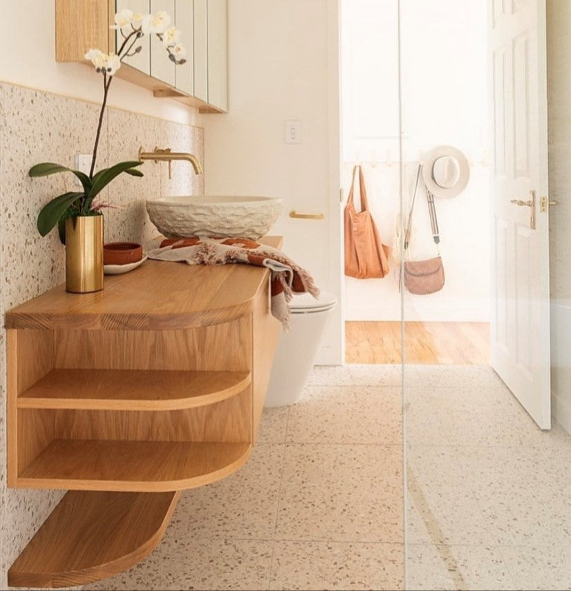 Timber wall hung floating 1200 wide bathroom vanity, curved side with curved floating shelf