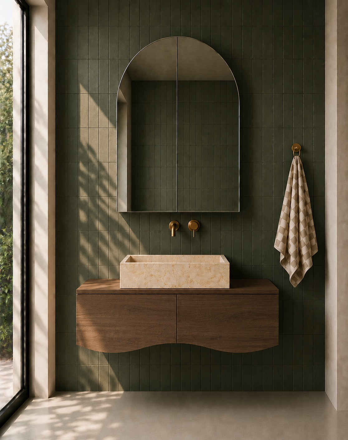 Curved 1200 wide vanity in walnut, arch cabinet 900 wide mirror, marble rectangular basin and brushed brass wall mounted tapware