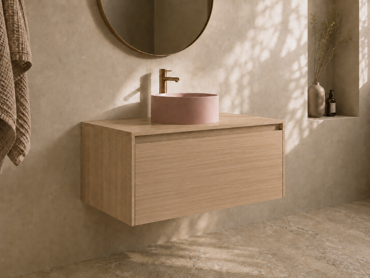 Wall hung 900 wide bathroom vanity in a light oak melamine with hidden drawer