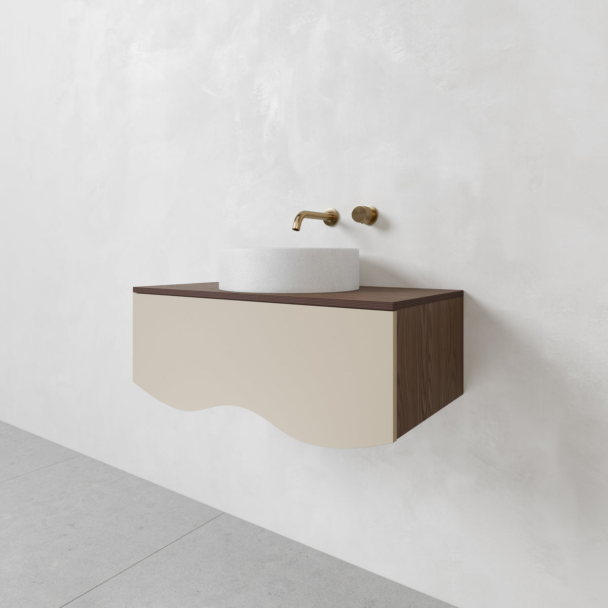 A wall-mounted curved vanity featuring a white melamine carcass with a Sayerlack 2 pack polyurethane finish and walnut. It includes a white basin and gold-colored tapware, with the vanity's front edge displaying a curved design.