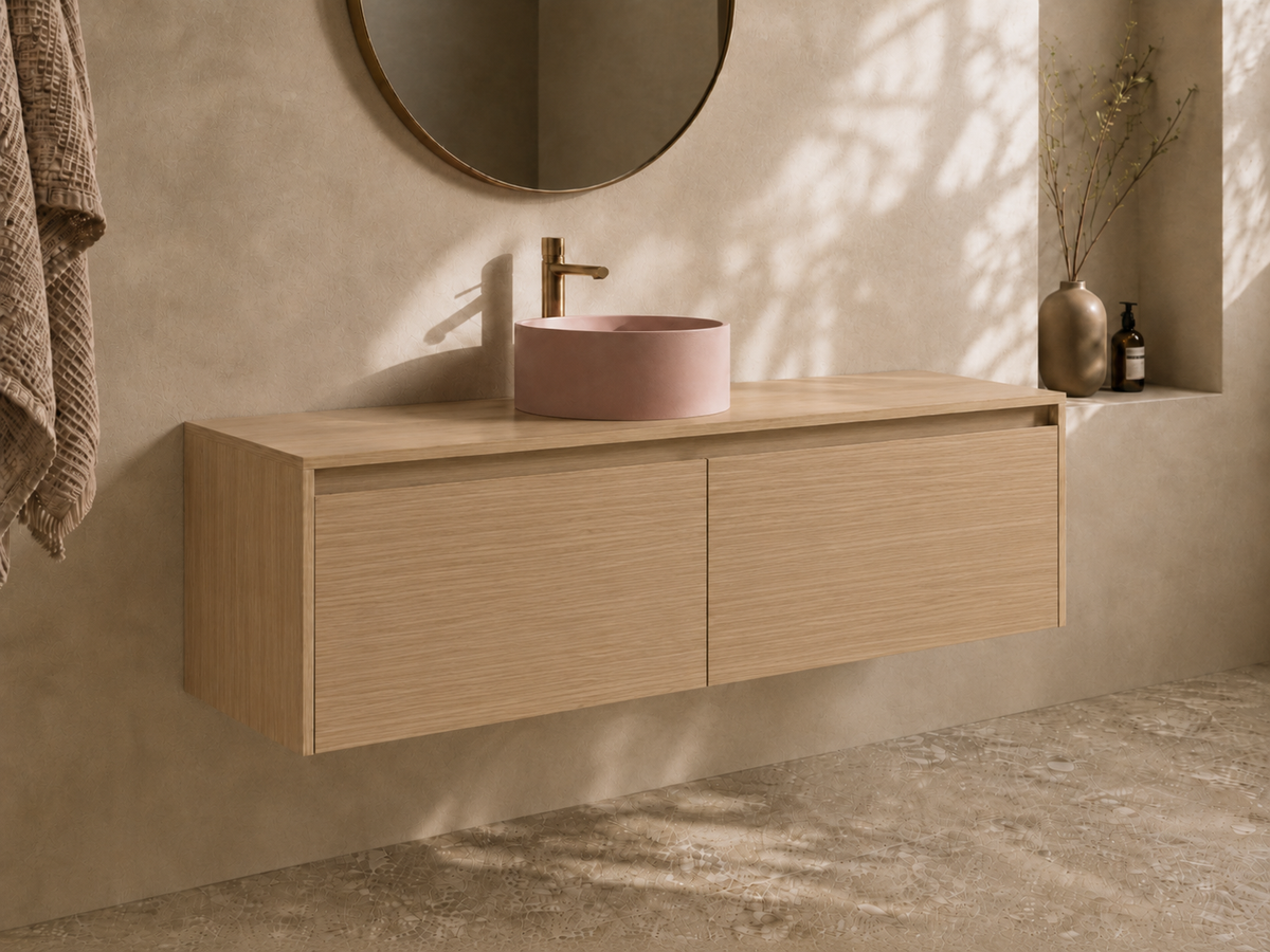 Modern floating bathroom vanity in a light oak melamine. 1200 wide vanity with hidden drawer