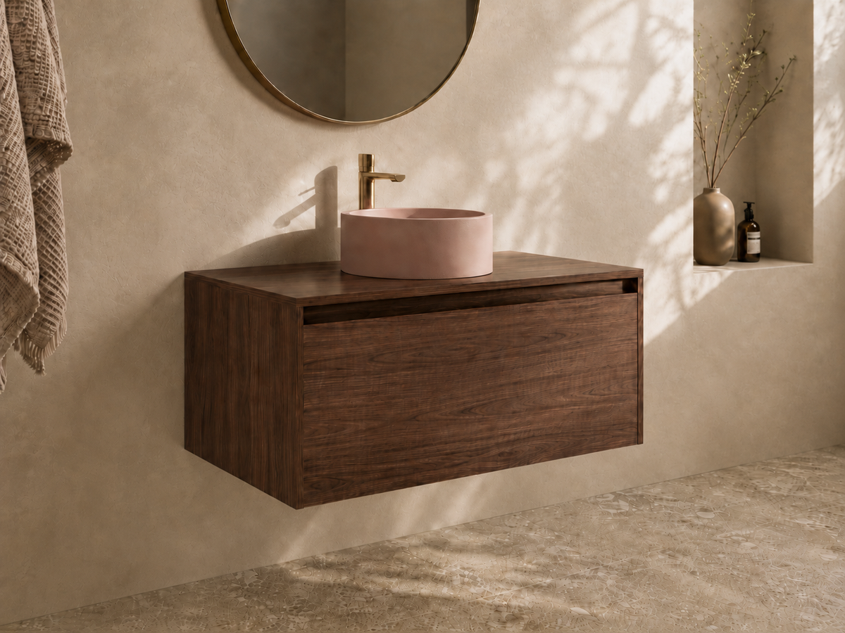hickory walnut wall hung bathroom vanity 900 wide with hidden drawer