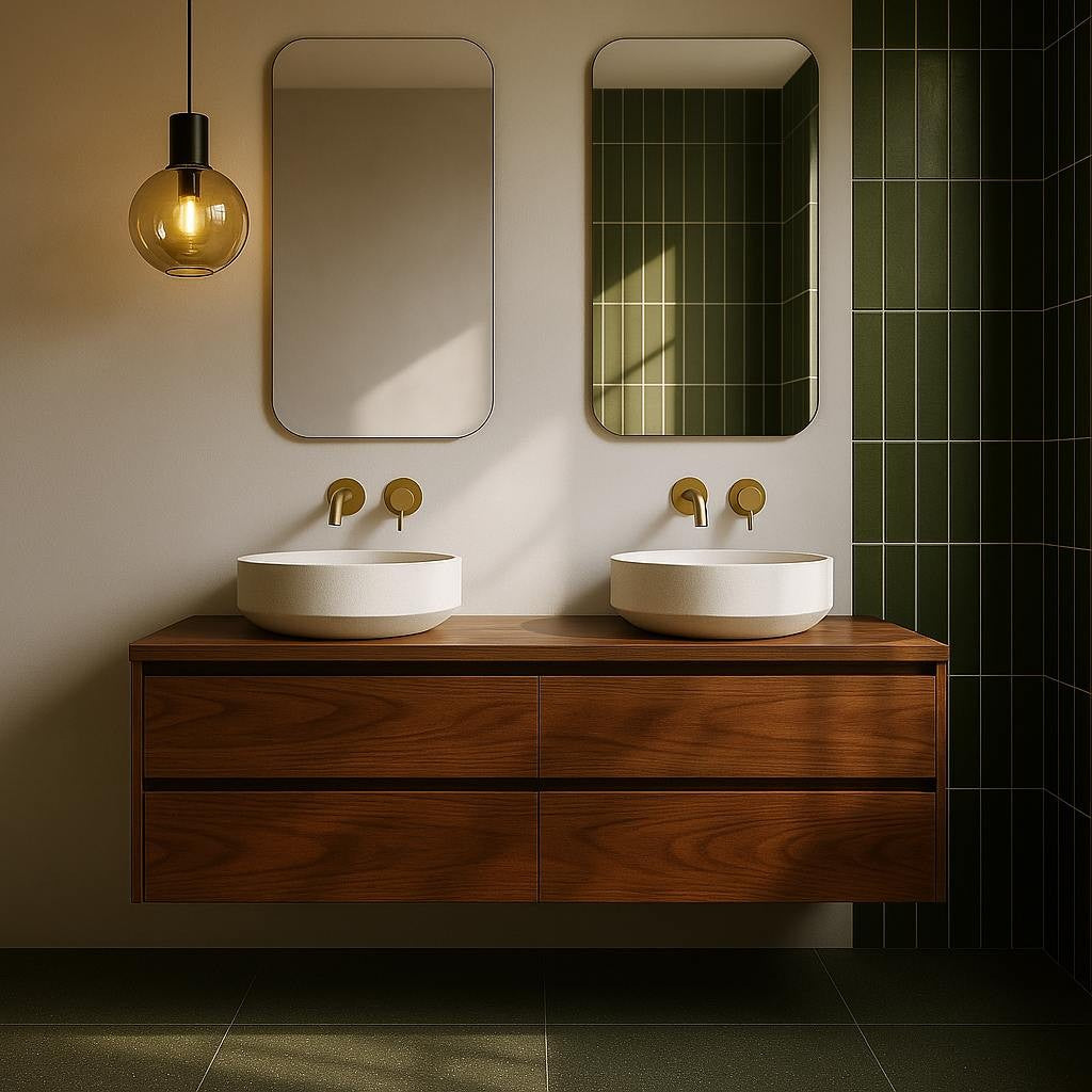 Wall hung Knox vanity with recessed cabinet mirror and rushed brass tapware