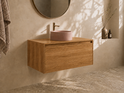 Floating wall hung 900 wide bathroom vanity in a warm oak colour