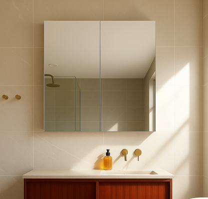 Bathroom with a large square cabinet mirror, timber veneer Violet floating  bathroom vanity with a stone top