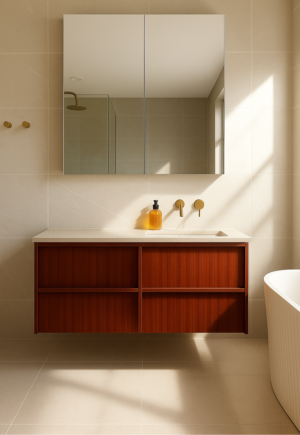Timber veneer 1200 wide vanity with stone top and inverted sink, with a square cabinet mirror