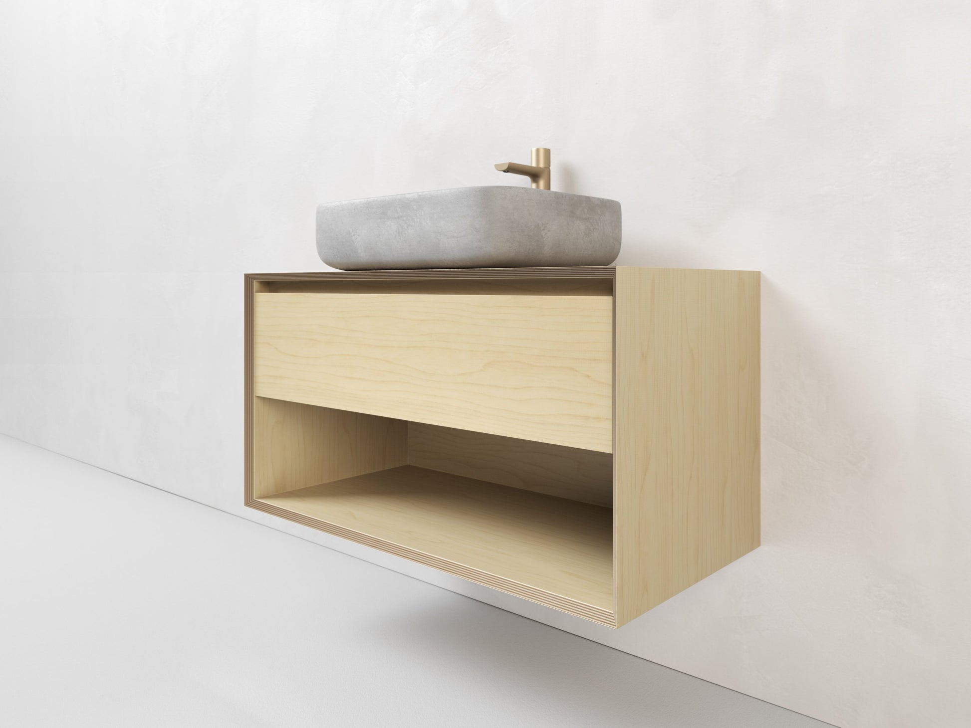 Wall hung vanity, made from Plywood, 1 drawer with an open shelf