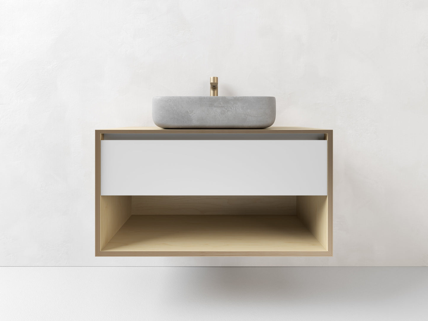 Wall hung vanity, made from Plywood, 1 drawer with an open shelf