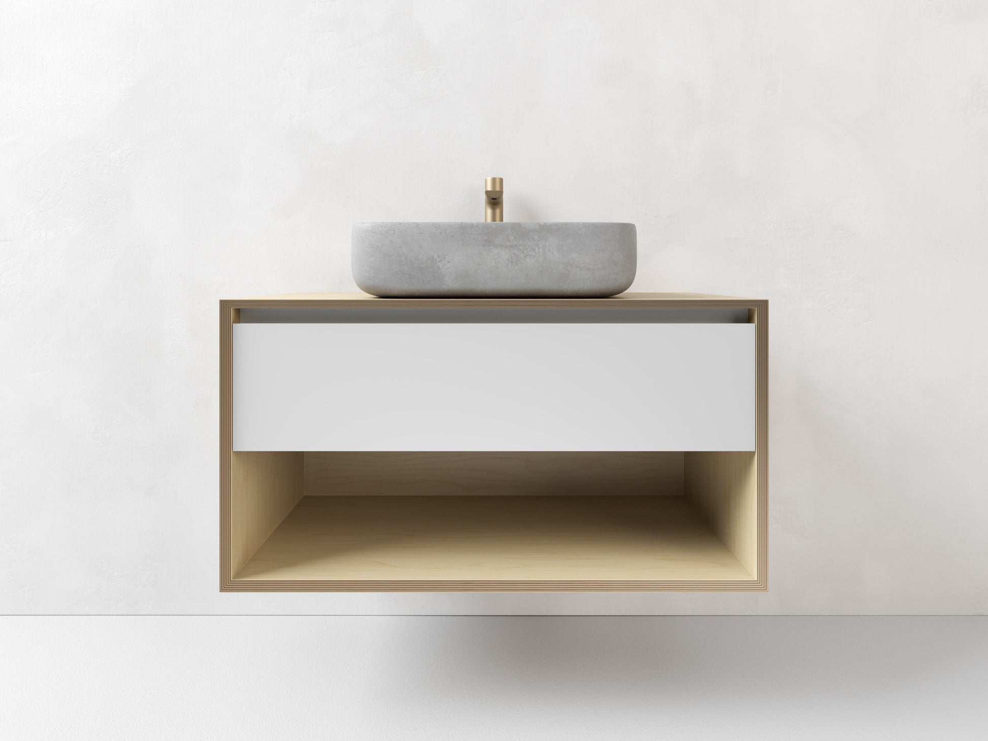 Wall hung vanity, made from Plywood, 1 drawer with an open shelf